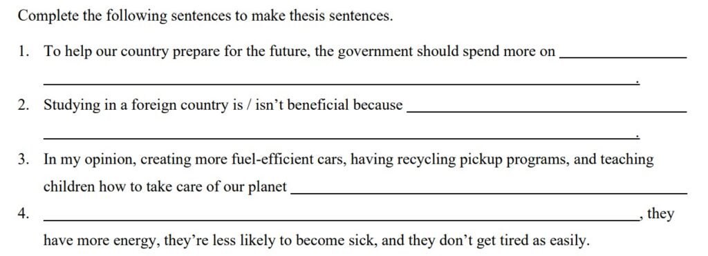 thesis sentence worksheet